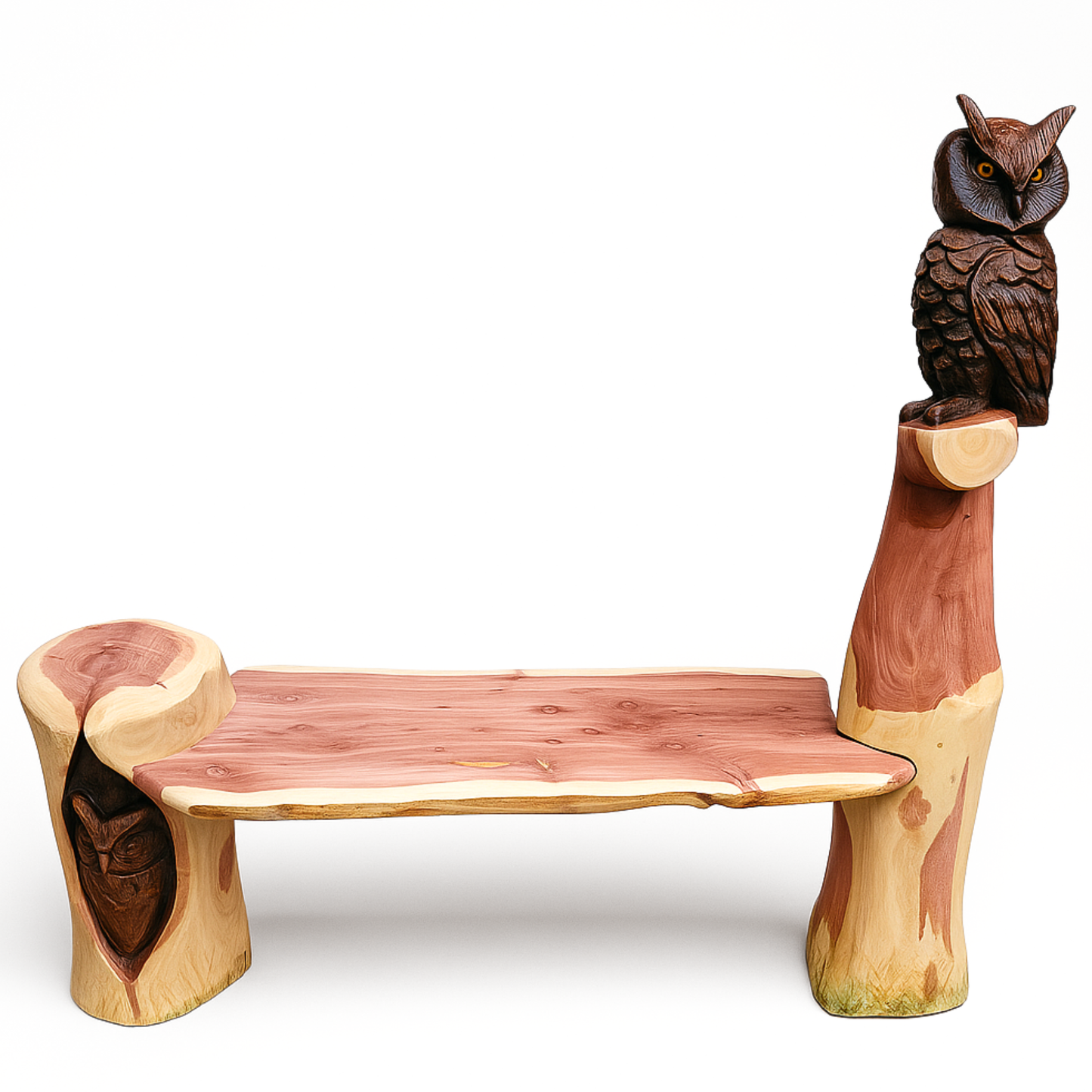 Double Owl 6-Foot Cedar Bench – Handcrafted Wildlife Chainsaw Carving