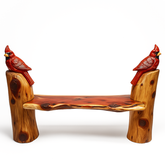 Double Cardinal 6-Foot Cedar Bench – Handcrafted Wildlife Chainsaw Carving