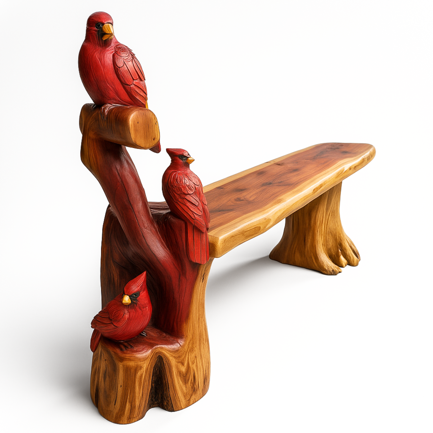 Triple Cardinal 6-Foot Cedar Bench – Handcrafted Wildlife Chainsaw Carving