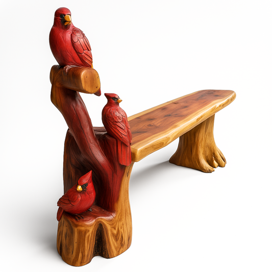 Triple Cardinal 6-Foot Cedar Bench – Handcrafted Wildlife Chainsaw Carving