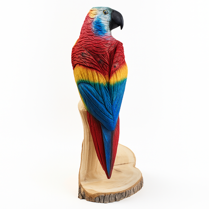 Colorful Parrot Chainsaw Carving – Hand-Painted Wooden Parrot on Cedar Log – Rustic Wildlife Décor & Bird Lover Gift
