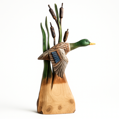 Flying Duck with Cottontail - Painted Mallard - Cedar Chainsaw Carving – Handcrafted Rustic Outdoor Décor for Garden, Porch & Patio – Free US Shipping