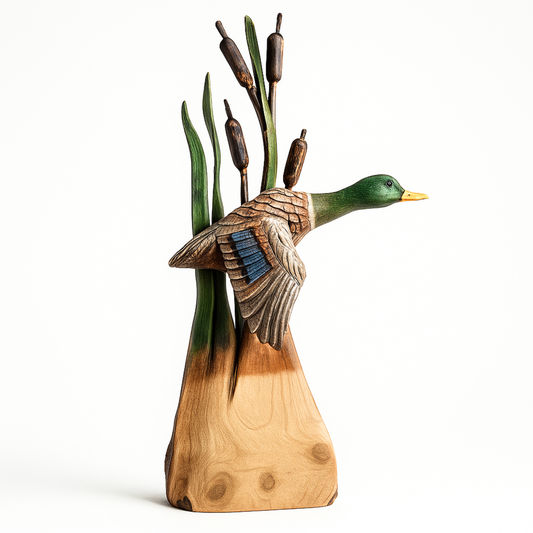 Flying Duck with Cottontail - Painted Mallard - Cedar Chainsaw Carving – Handcrafted Rustic Outdoor Décor for Garden, Porch & Patio – Free US Shipping