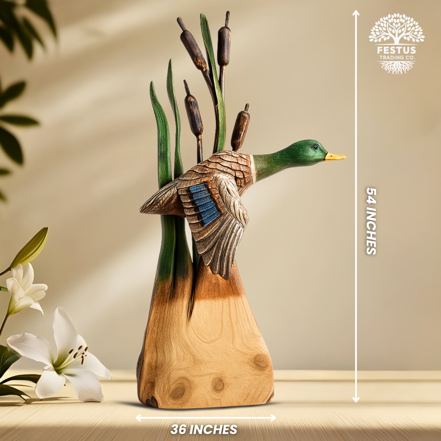 Flying Duck with Cottontail - Painted Mallard - Cedar Chainsaw Carving – Handcrafted Rustic Outdoor Décor for Garden, Porch & Patio – Free US Shipping