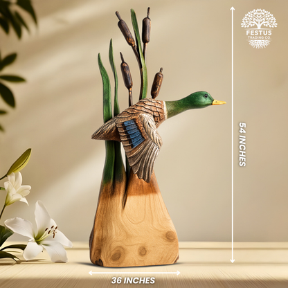 Flying Duck with Cottontail - Painted Mallard - Cedar Chainsaw Carving – Handcrafted Rustic Outdoor Décor for Garden, Porch & Patio – Free US Shipping