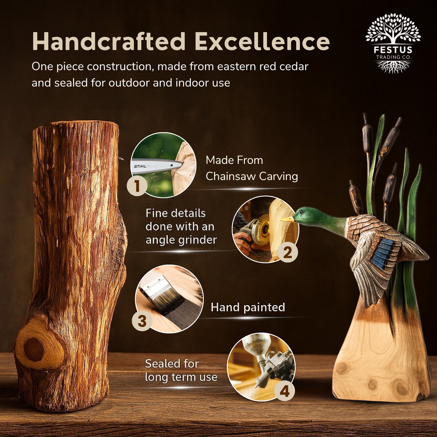 Flying Duck with Cottontail - Painted Mallard - Cedar Chainsaw Carving – Handcrafted Rustic Outdoor Décor for Garden, Porch & Patio – Free US Shipping