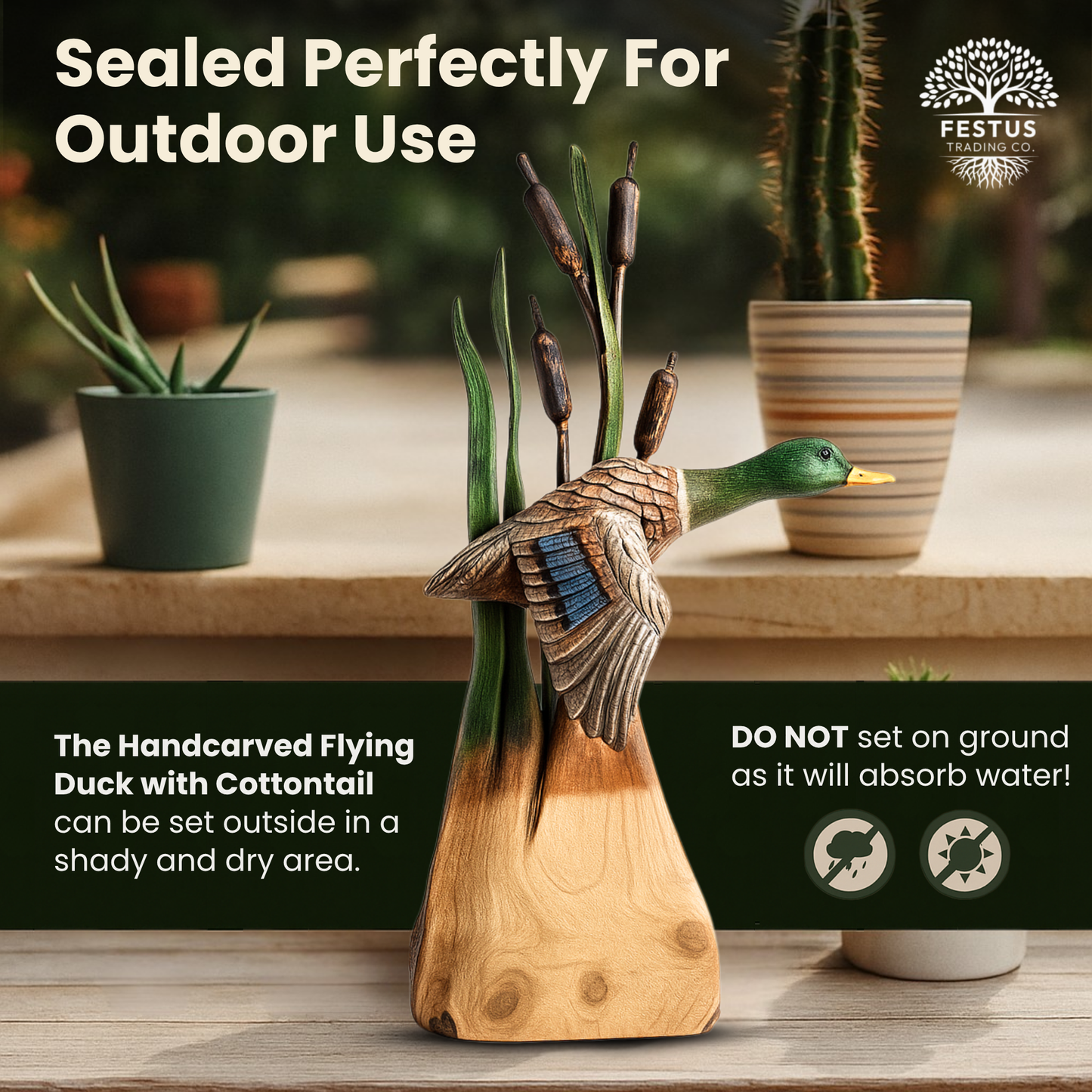 Flying Duck with Cottontail - Painted Mallard - Cedar Chainsaw Carving – Handcrafted Rustic Outdoor Décor for Garden, Porch & Patio – Free US Shipping