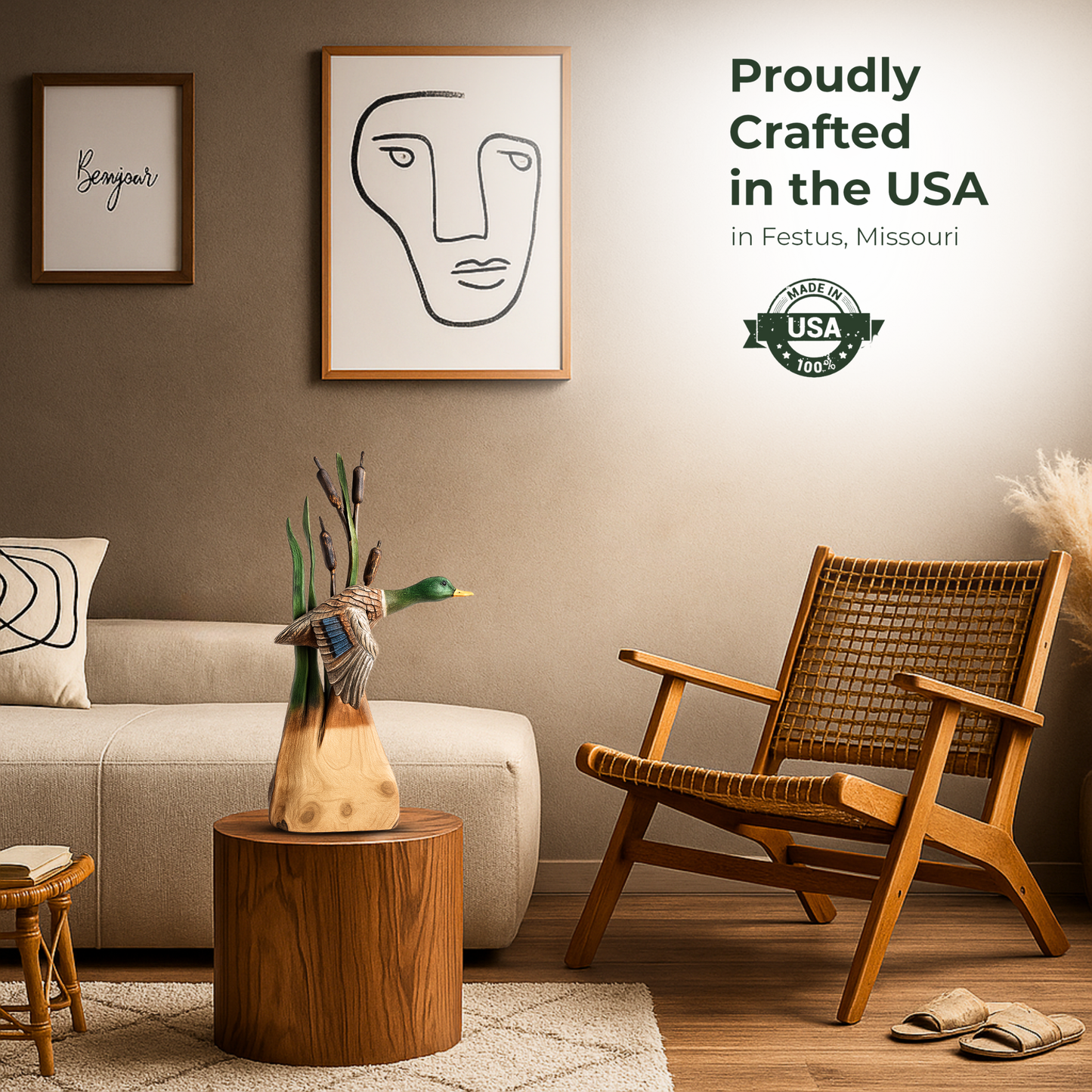 Flying Duck with Cottontail - Painted Mallard - Cedar Chainsaw Carving – Handcrafted Rustic Outdoor Décor for Garden, Porch & Patio – Free US Shipping