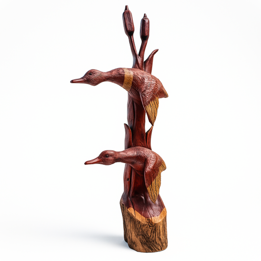 Double Duck with Cottontail Cedar Chainsaw Carving – Handcrafted Rustic Outdoor Décor for Garden, Porch & Patio – Free US Shipping