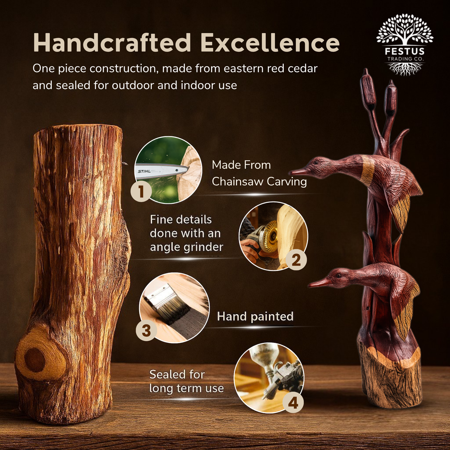 Double Duck with Cottontail Cedar Chainsaw Carving – Handcrafted Rustic Outdoor Décor for Garden, Porch & Patio – Free US Shipping