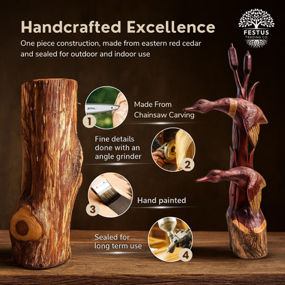 Double Duck with Cottontail Cedar Chainsaw Carving – Handcrafted Rustic Outdoor Décor for Garden, Porch & Patio – Free US Shipping