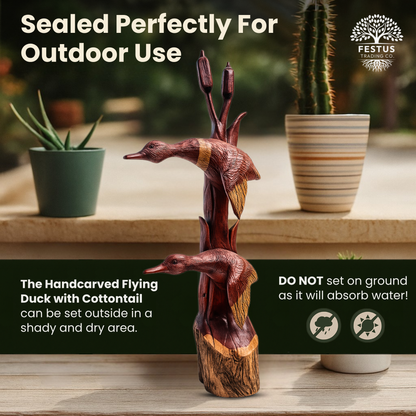 Double Duck with Cottontail Cedar Chainsaw Carving – Handcrafted Rustic Outdoor Décor for Garden, Porch & Patio – Free US Shipping