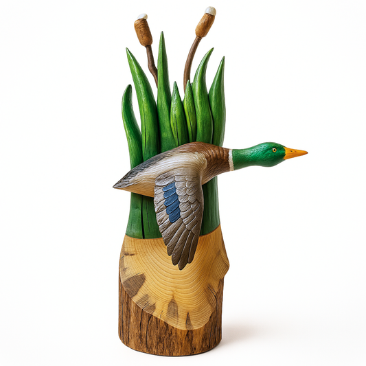 Flying Duck with Cottontail - Clear Coated - Cedar Chainsaw Carving – Handcrafted Rustic Outdoor Décor for Garden, Porch & Patio – Free US Shipping