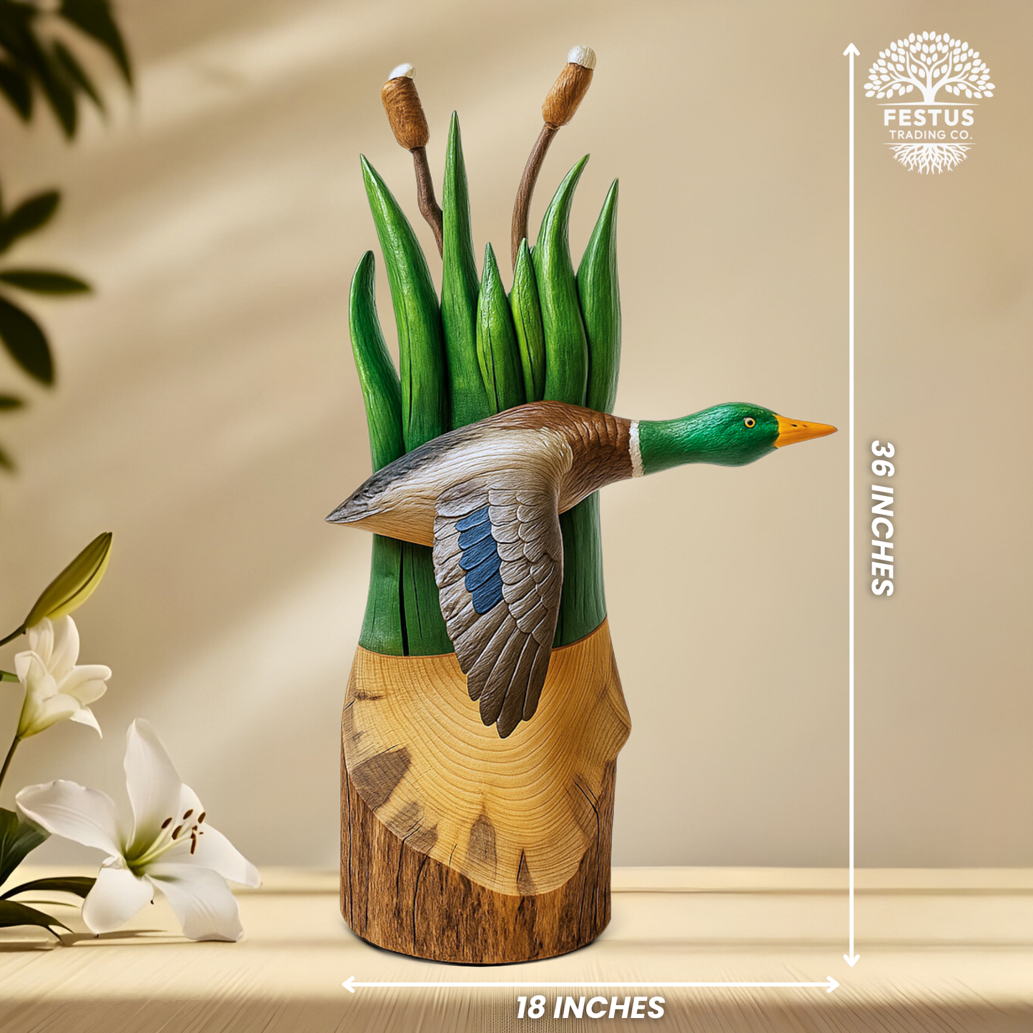 Flying Duck with Cottontail - Clear Coated - Cedar Chainsaw Carving – Handcrafted Rustic Outdoor Décor for Garden, Porch & Patio – Free US Shipping