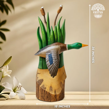 Flying Duck with Cottontail - Clear Coated - Cedar Chainsaw Carving – Handcrafted Rustic Outdoor Décor for Garden, Porch & Patio – Free US Shipping