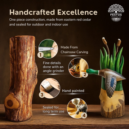 Flying Duck with Cottontail - Clear Coated - Cedar Chainsaw Carving – Handcrafted Rustic Outdoor Décor for Garden, Porch & Patio – Free US Shipping