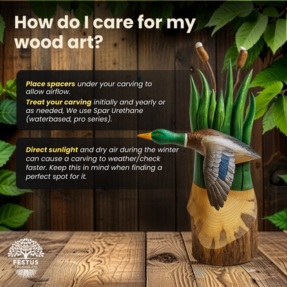 Flying Duck with Cottontail - Clear Coated - Cedar Chainsaw Carving – Handcrafted Rustic Outdoor Décor for Garden, Porch & Patio – Free US Shipping