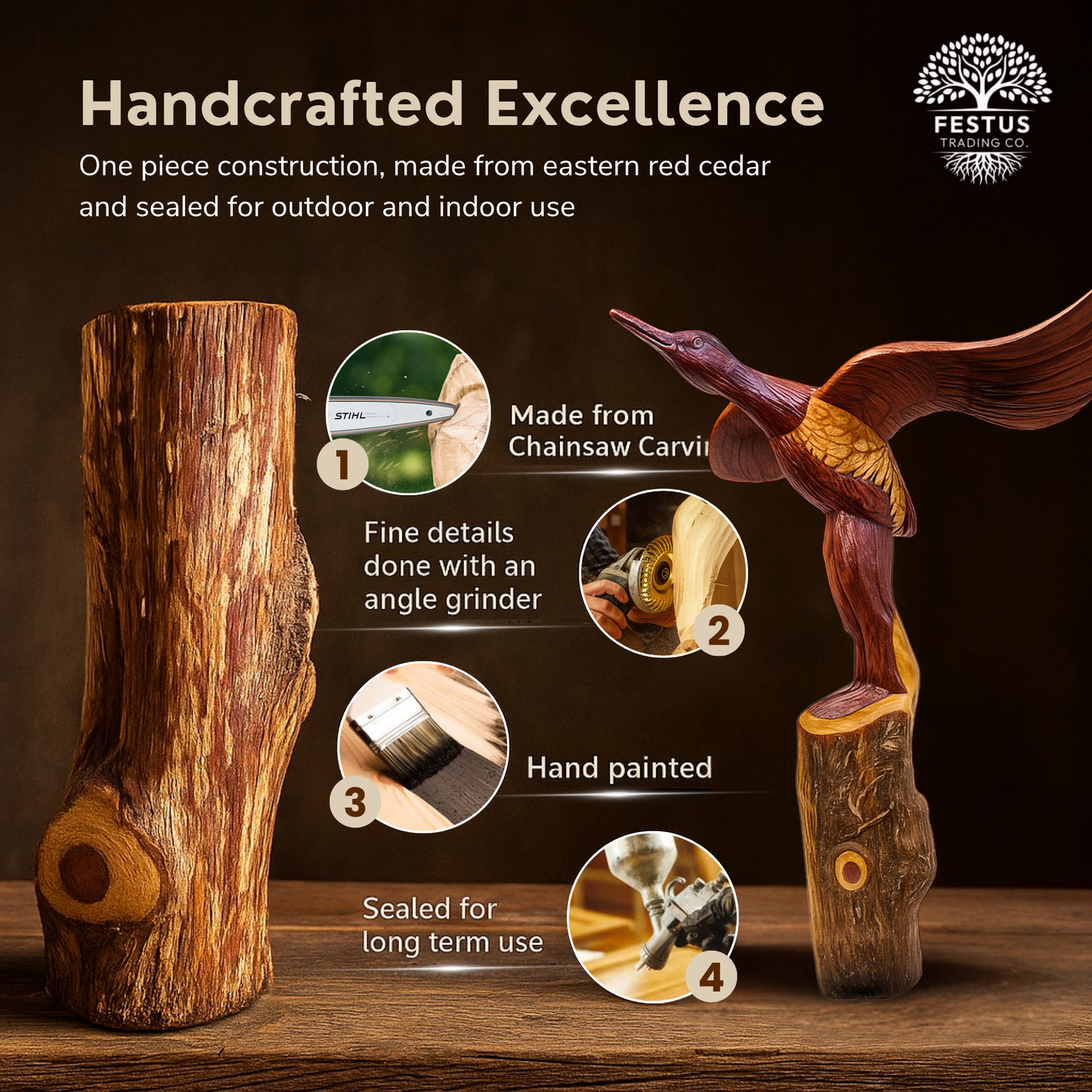 Landing Duck Cedar Chainsaw Carving – Handcrafted Rustic Outdoor Décor for Garden, Porch & Patio – Free US Shipping