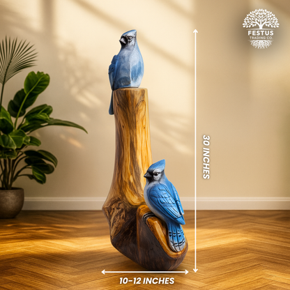 Handcarved Cedar Double Birds on Perch – Custom Chainsaw Carving – Rustic Wildlife Décor – Cardinal, Owl, Blue Jay, or Eagle Sculpture