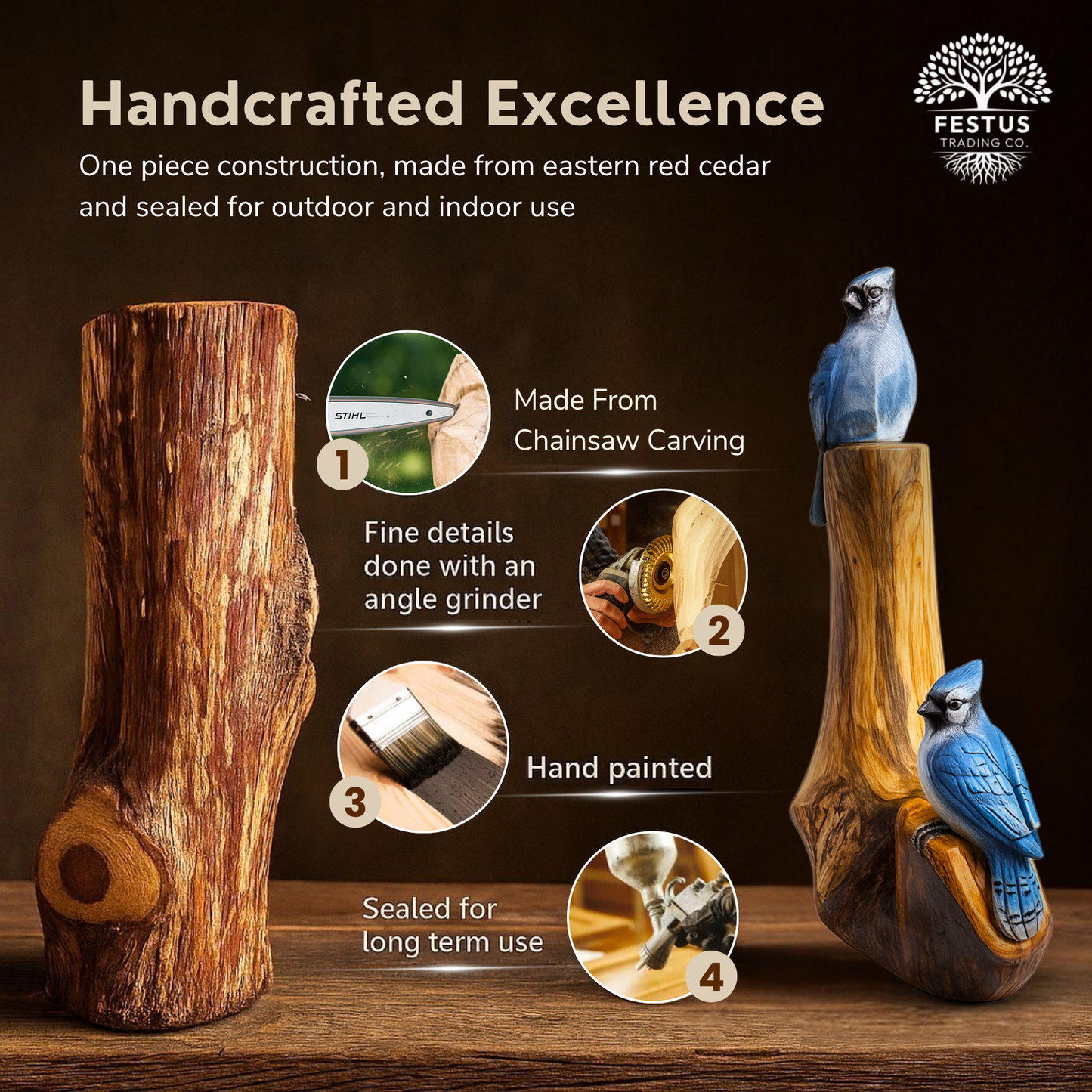 Handcarved Cedar Double Birds on Perch – Custom Chainsaw Carving – Rustic Wildlife Décor – Cardinal, Owl, Blue Jay, or Eagle Sculpture