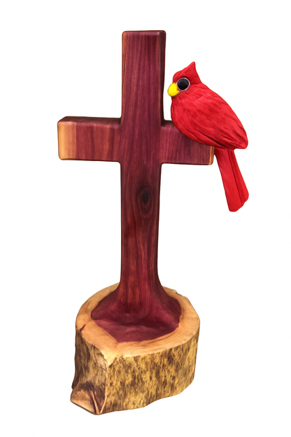 One/Two Cedar Cardinals on a Cross – Handmade Chainsaw Carving | Rustic Outdoor Décor & Memorial Art