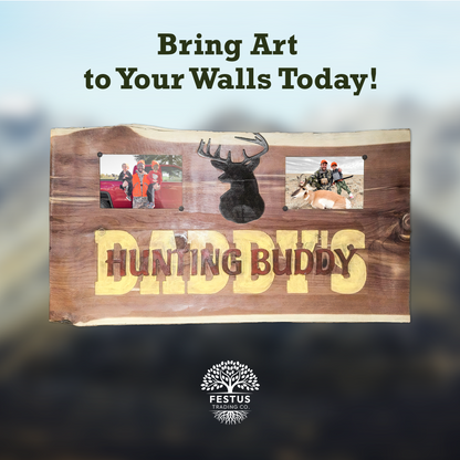 Handmade Cedar Wood Sign – “Daddy’s Hunting Buddy” Rustic Wall Décor with Deer Silhouette & Double Photo Frames | Personalized Cabin, Lodge, or Man Cave Gift | 12” x 24” x 1.5” Solid Cedar Plaque