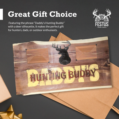 Handmade Cedar Wood Sign – “Daddy’s Hunting Buddy” Rustic Wall Décor with Deer Silhouette & Single or Double 4x6 Frames | Personalized Gift