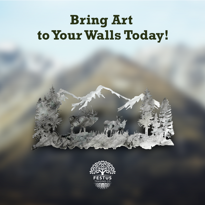 Mountain Scene with Elk Sign Metal Art