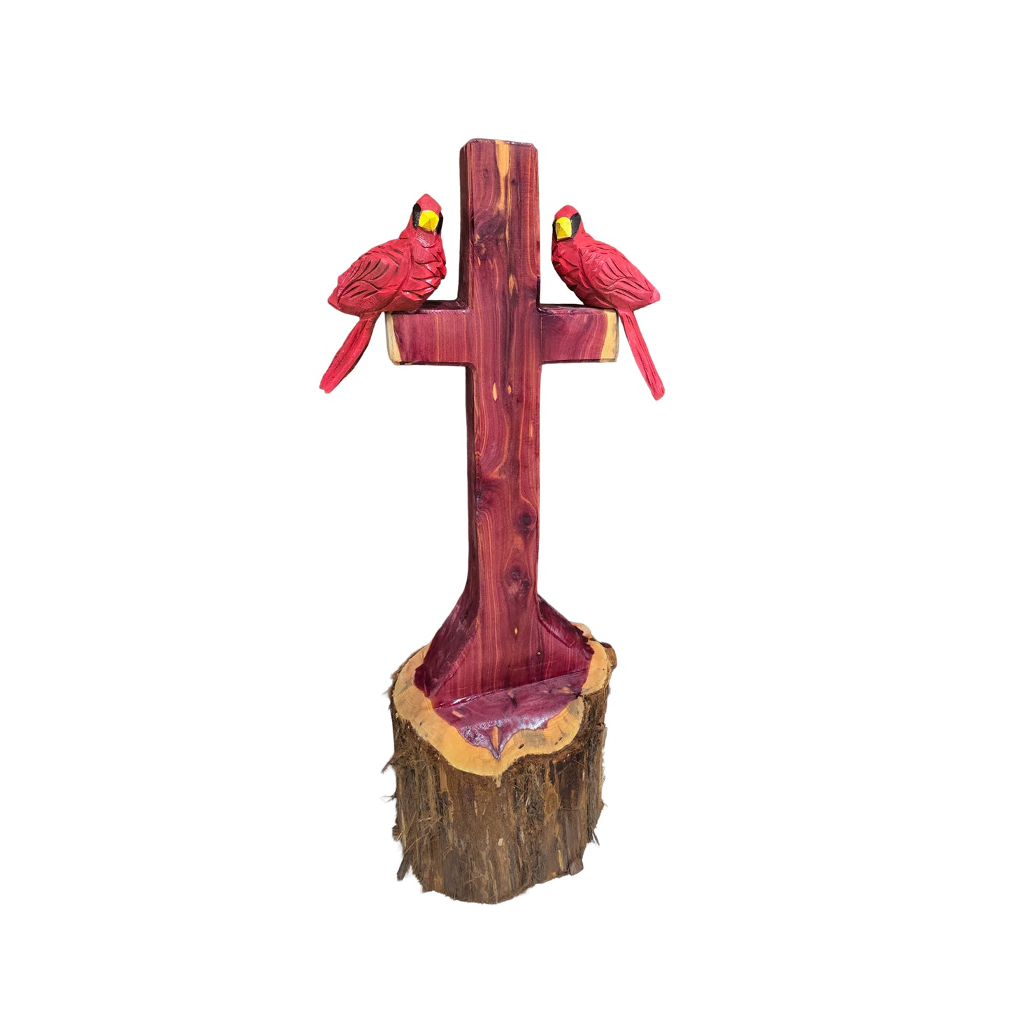 One/Two Cedar Cardinals on a Cross without Nameplate– Handmade Chainsaw Carving | Rustic Outdoor Décor & Memorial Art