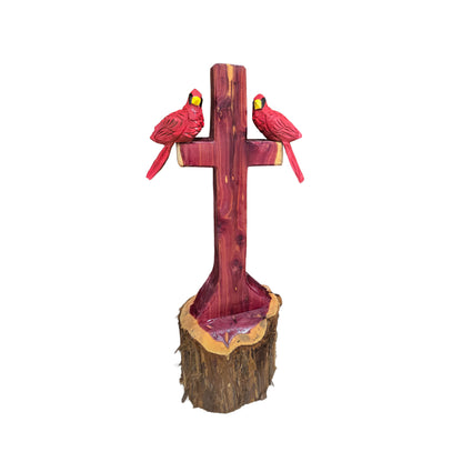 One/Two Cedar Cardinals on a Cross without Nameplate– Handmade Chainsaw Carving | Rustic Outdoor Décor & Memorial Art