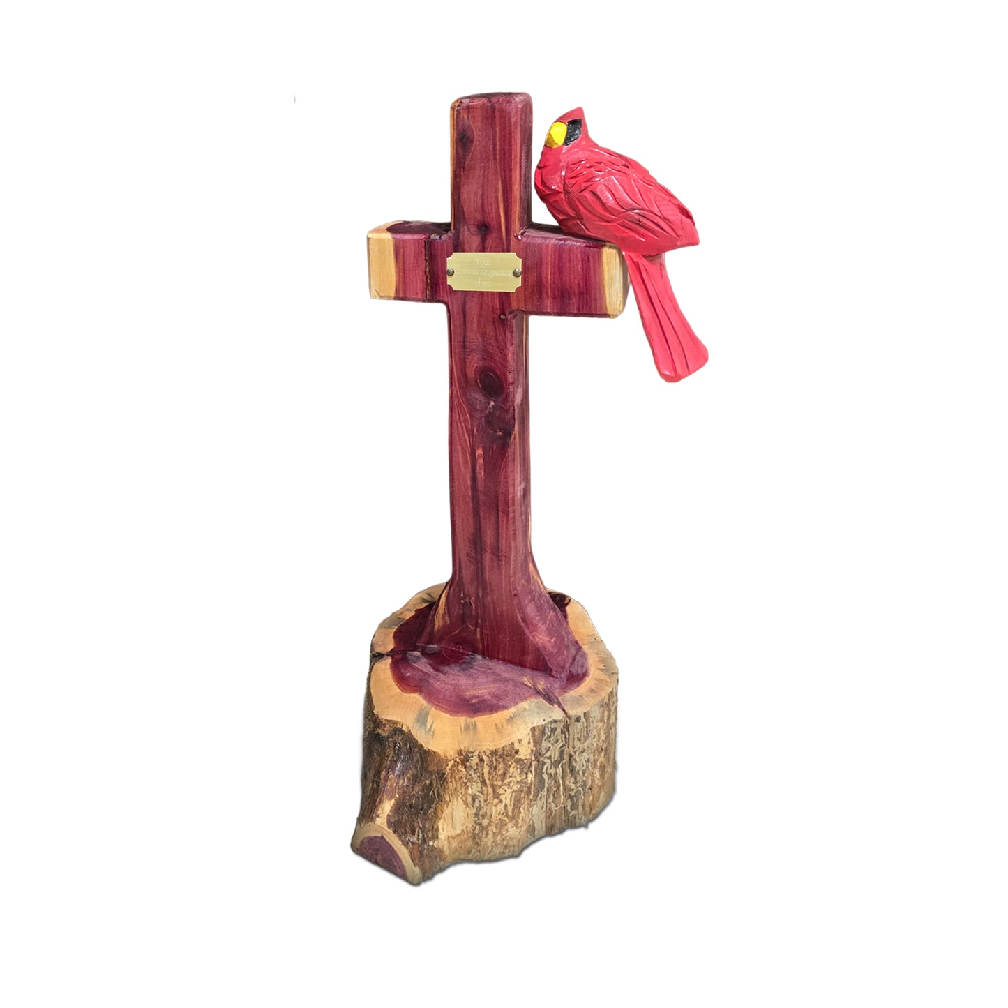 One/Two Cedar Cardinals on a Cross – Handmade Chainsaw Carving with Personalized Nameplate | Rustic Outdoor Décor & Memorial Art