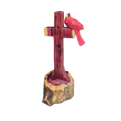 One/Two Cedar Cardinals on a Cross without Nameplate– Handmade Chainsaw Carving | Rustic Outdoor Décor & Memorial Art