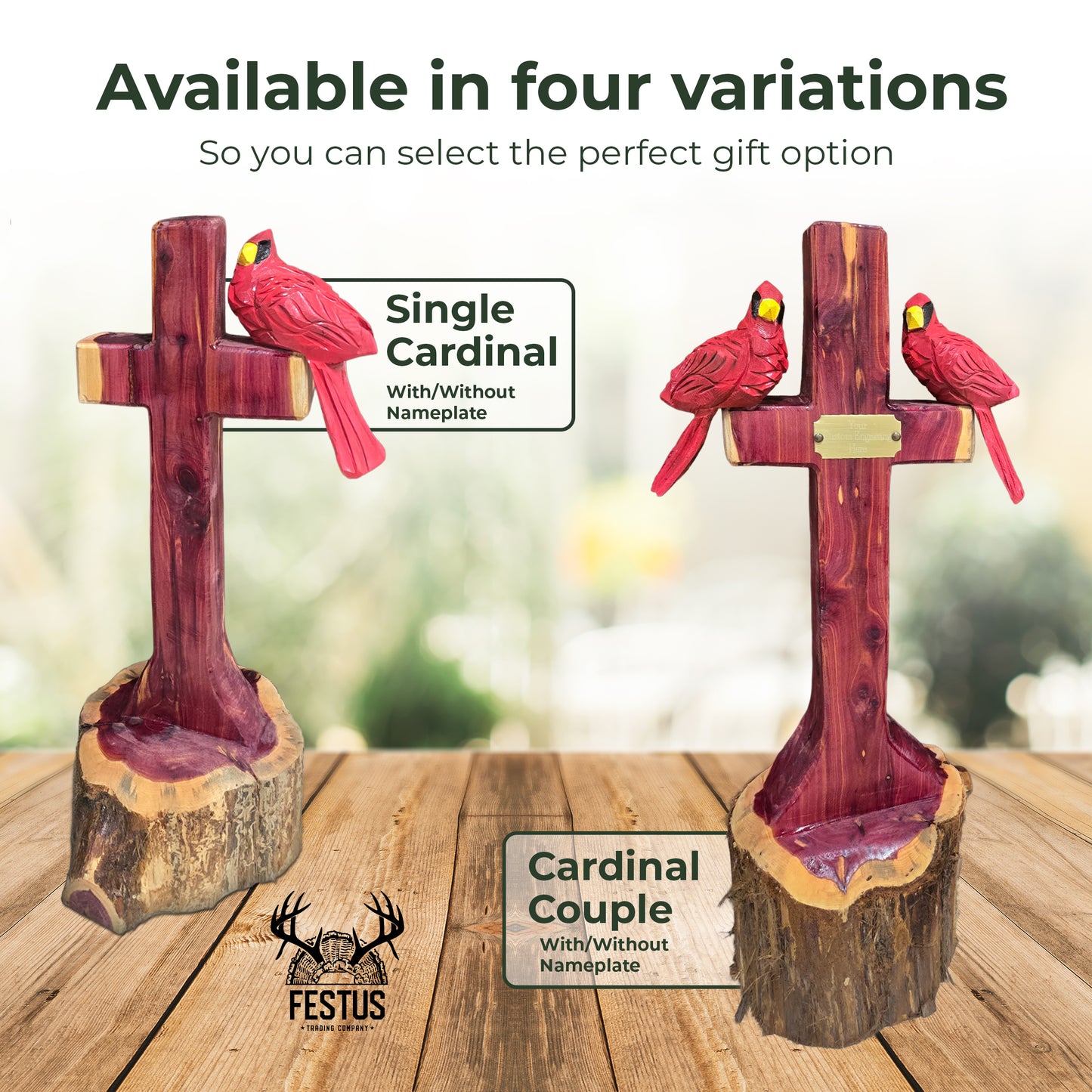 One/Two Cedar Cardinals on a Cross without Nameplate– Handmade Chainsaw Carving | Rustic Outdoor Décor & Memorial Art