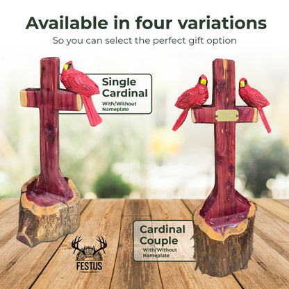 One/Two Cedar Cardinals on a Cross without Nameplate– Handmade Chainsaw Carving | Rustic Outdoor Décor & Memorial Art