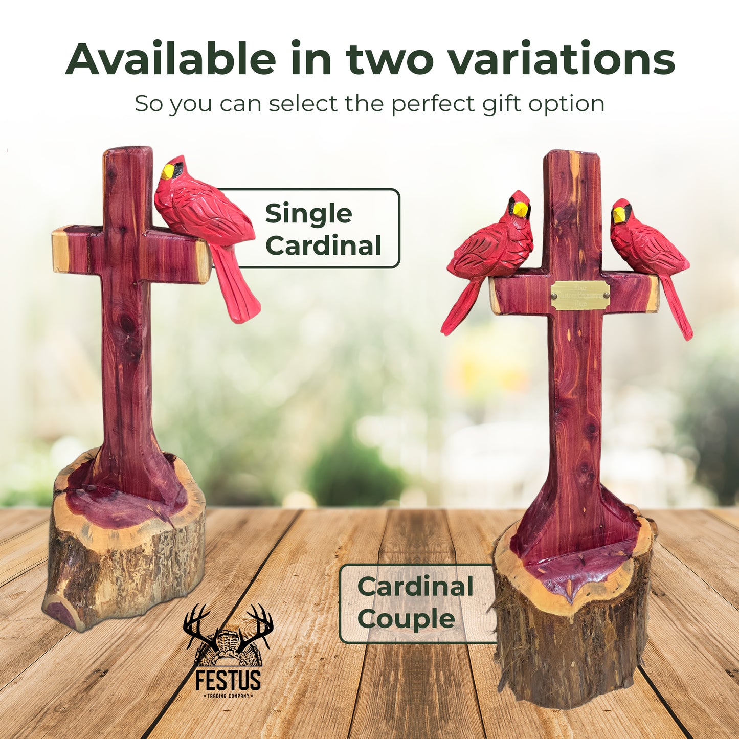 One/Two Cedar Cardinals on a Cross – Handmade Chainsaw Carving with Personalized Nameplate | Rustic Outdoor Décor & Memorial Art