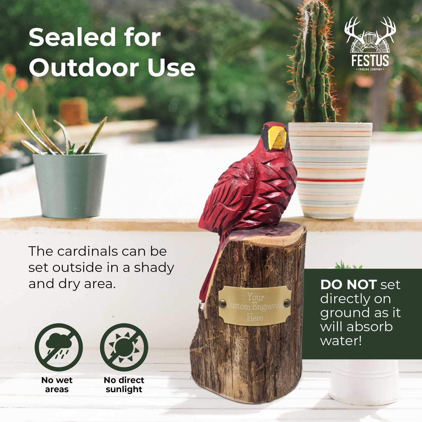 Hand-Carved Red Cardinal Bird with Custom Engraved Nameplate – Wooden Memorial Figurine for Farmhouse & Outdoor Décor – Made in USA