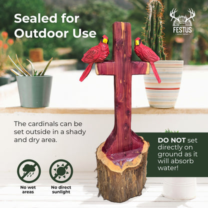 One/Two Cedar Cardinals on a Cross without Nameplate– Handmade Chainsaw Carving | Rustic Outdoor Décor & Memorial Art