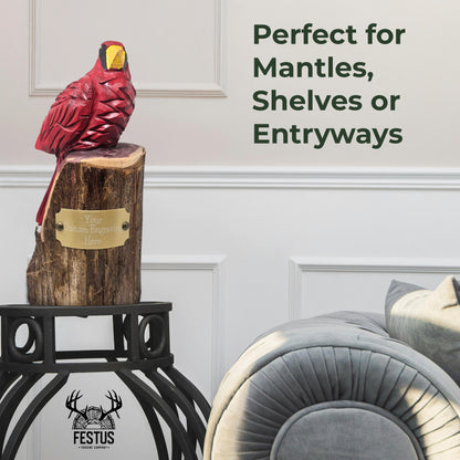 Hand-Carved Red Cardinal Bird with Custom Engraved Nameplate – Wooden Memorial Figurine for Farmhouse & Outdoor Décor – Made in USA