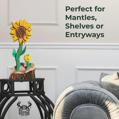 Chainsaw Carved Sunflower | Hand-Painted Cedar Flower | Rustic Wildlife Décor
