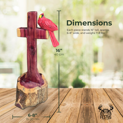 One/Two Cedar Cardinals on a Cross without Nameplate– Handmade Chainsaw Carving | Rustic Outdoor Décor & Memorial Art