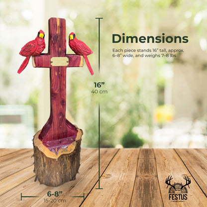 One/Two Cedar Cardinals on a Cross – Handmade Chainsaw Carving with Personalized Nameplate | Rustic Outdoor Décor & Memorial Art