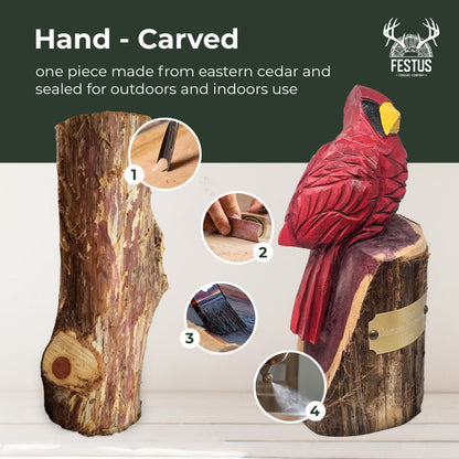 Hand-Carved Red Cardinal Bird with Custom Engraved Nameplate – Wooden Memorial Figurine for Farmhouse & Outdoor Décor – Made in USA
