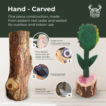 Chainsaw Carved Sunflower | Hand-Painted Cedar Flower | Rustic Wildlife Décor