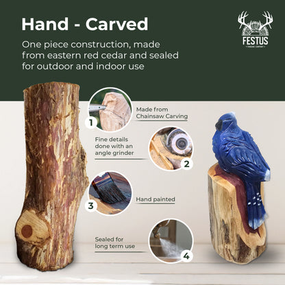 Chainsaw Carved Bluejay – Hand-Painted Cedar Bird Sculpture | Rustic Home & Garden Décor