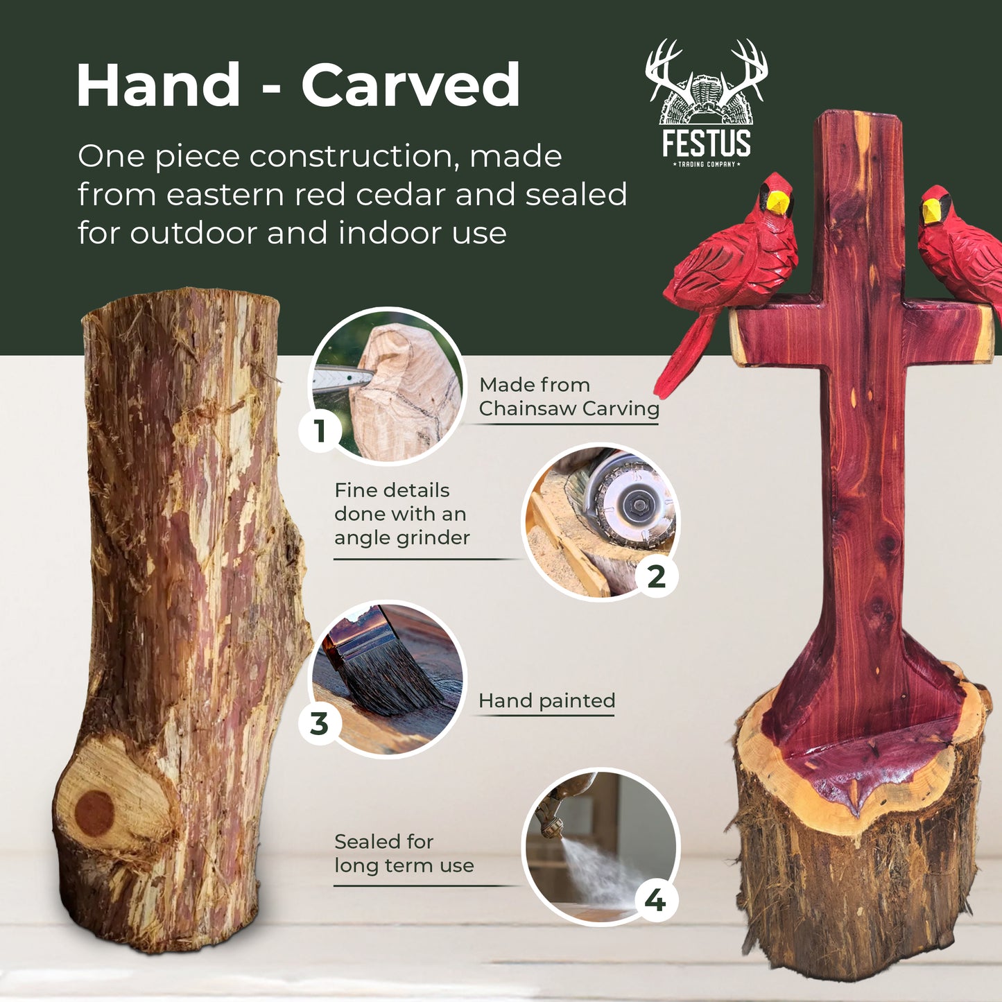 One/Two Cedar Cardinals on a Cross without Nameplate– Handmade Chainsaw Carving | Rustic Outdoor Décor & Memorial Art