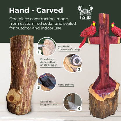 One/Two Cedar Cardinals on a Cross without Nameplate– Handmade Chainsaw Carving | Rustic Outdoor Décor & Memorial Art
