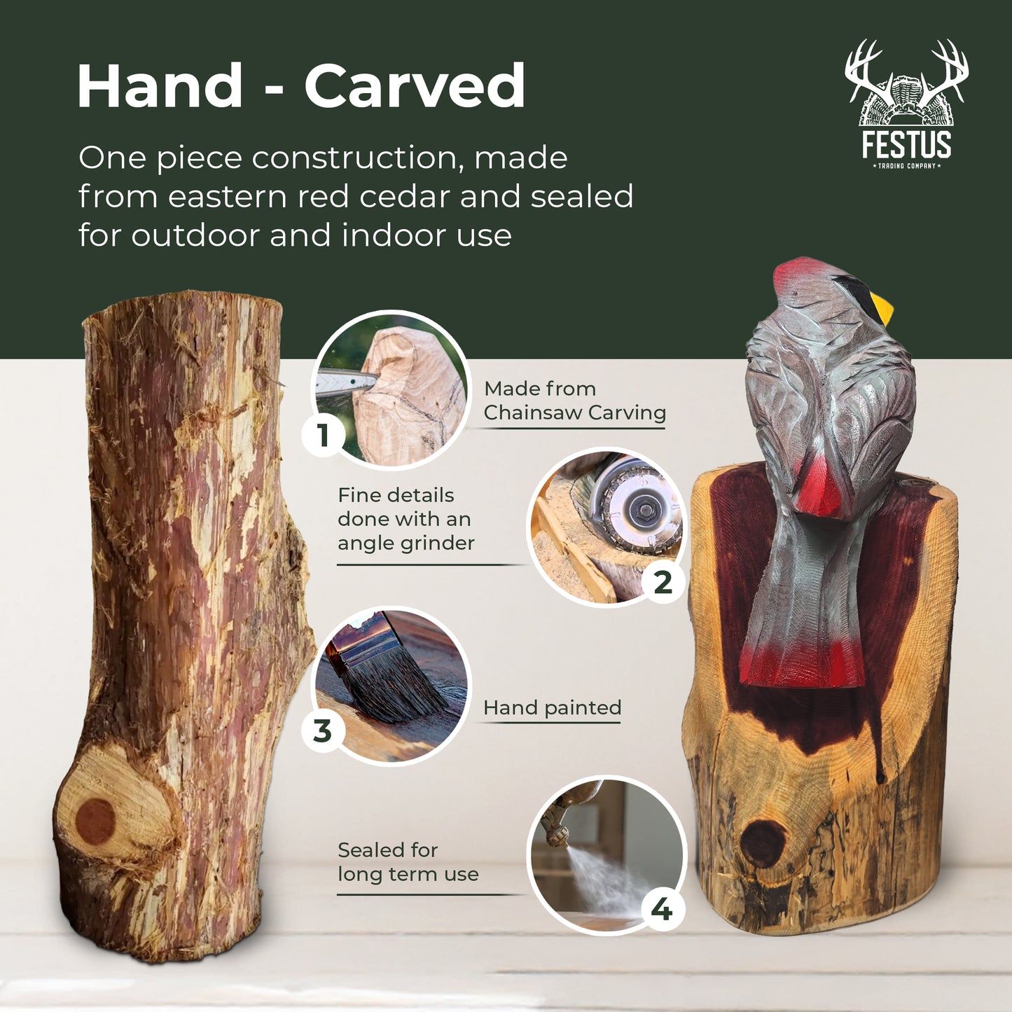 Hand-Carved Cedar Cardinal – Chainsaw Carved Wooden Bird Sculpture | Rustic Home & Garden Décor | Memorial Gift