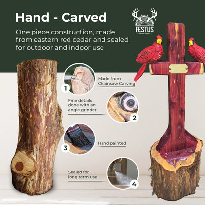 One/Two Cedar Cardinals on a Cross – Handmade Chainsaw Carving | Rustic Outdoor Décor & Memorial Art