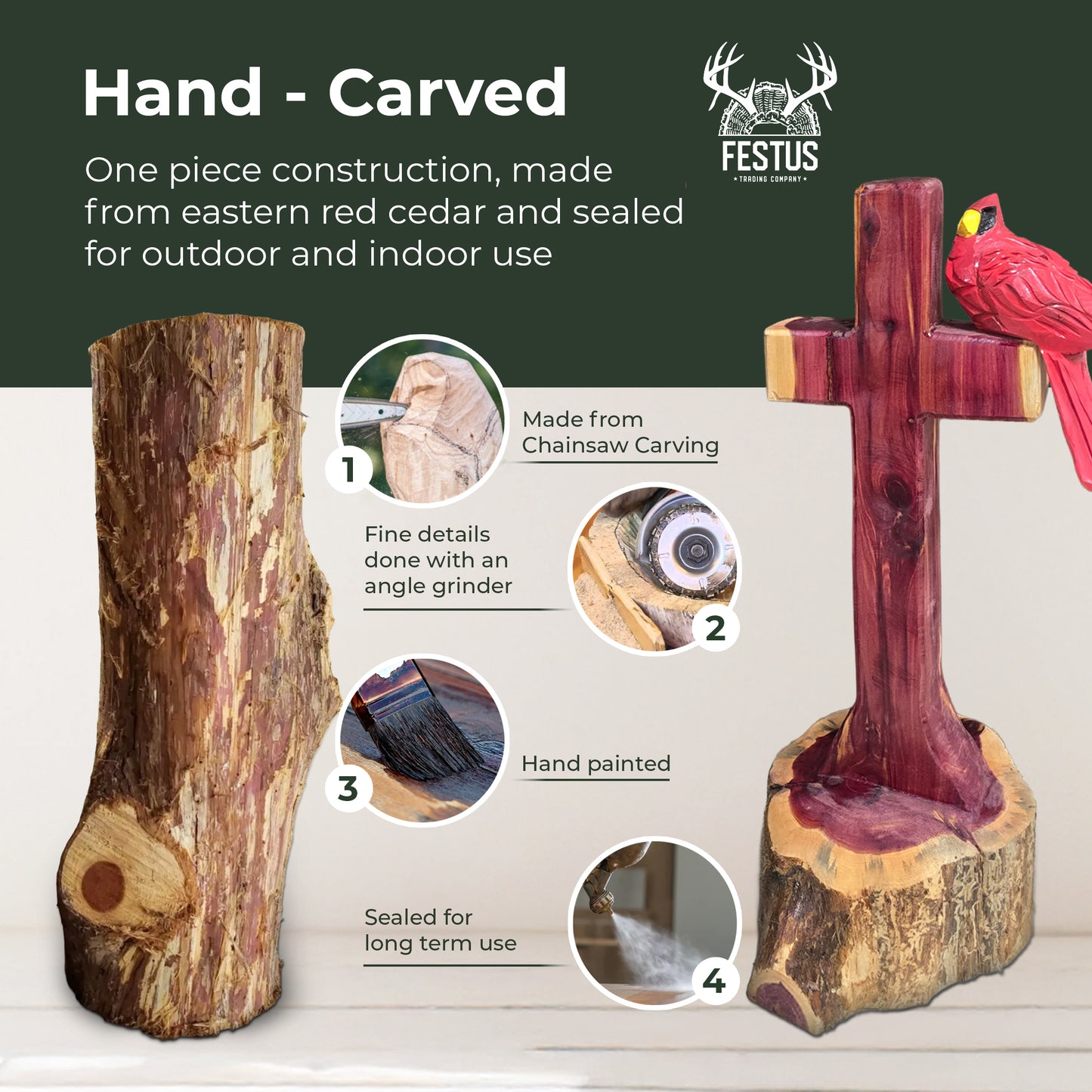 One/Two Cedar Cardinals on a Cross without Nameplate– Handmade Chainsaw Carving | Rustic Outdoor Décor & Memorial Art