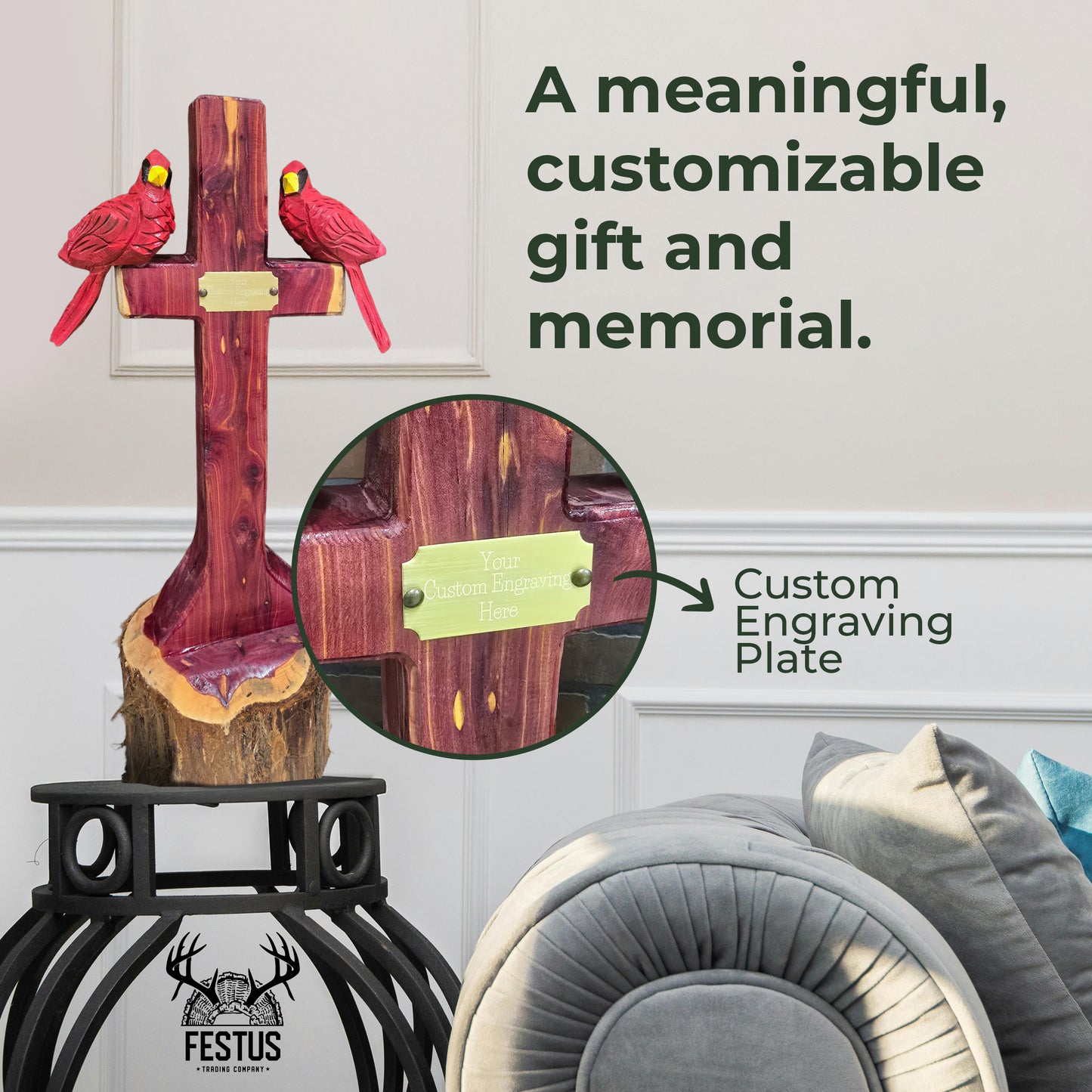 One/Two Cedar Cardinals on a Cross – Handmade Chainsaw Carving with Personalized Nameplate | Rustic Outdoor Décor & Memorial Art
